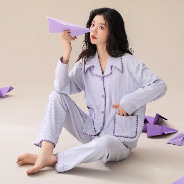 可人儿 纯棉长袖睡衣纯色简约宽松可外穿家居服套装 春秋季 女款 浅紫色