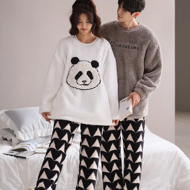 可人儿 珊瑚绒睡衣 家居服套装 秋冬季 保暖加绒加厚 卡通休闲运动 情侣款 白色