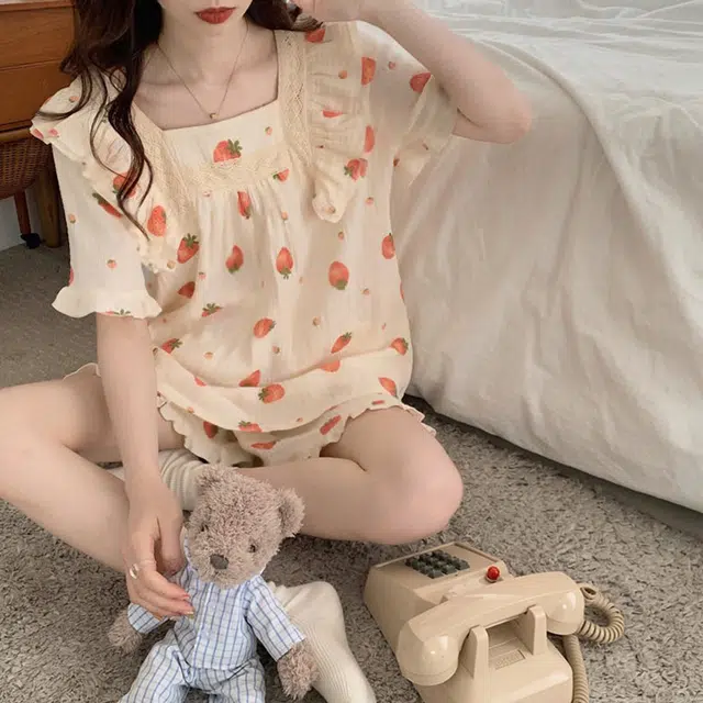 橡柠派 甜美小清新短袖短裤睡衣夏季少女心韩版休闲学生可外穿两件 家居套装 女款 米色