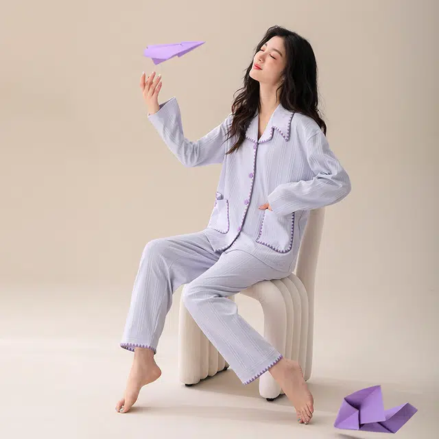 可人儿 纯棉长袖睡衣纯色简约宽松可外穿家居服套装 春秋季 女款 浅紫色