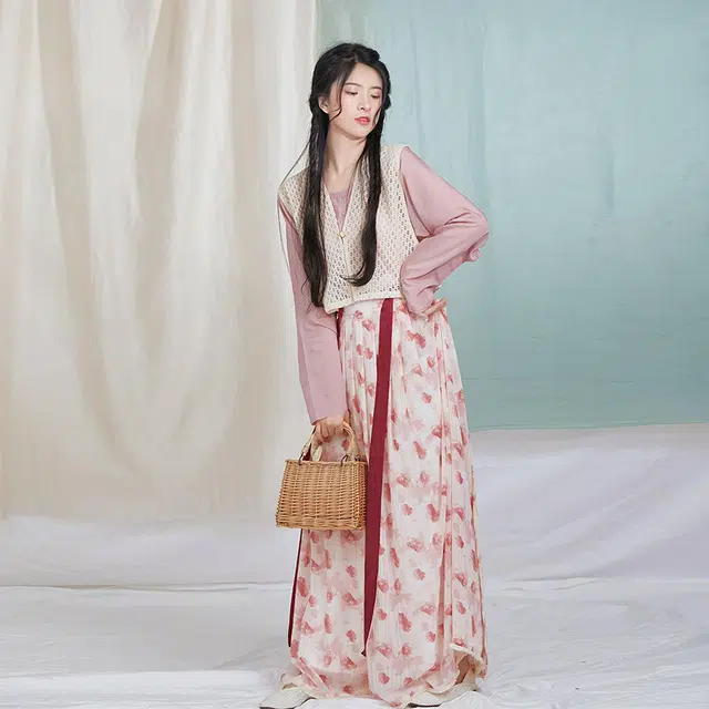 织造司 树莓 唐制蕾丝唐褙子圆领衫齐腰褶裙春夏轻薄透气原创汉服 女款 粉色