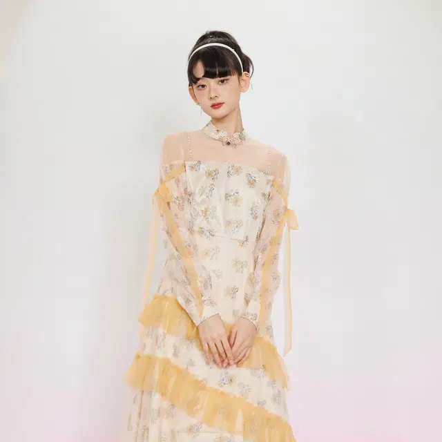槿爷东方 锦花城法式网纱碎花长袖仙女连衣裙 女款 橙色