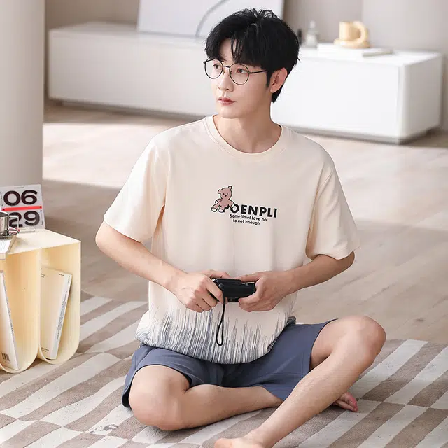 可人儿 纯棉短袖短裤睡衣休闲小熊宽松可外穿家居服套装 春夏季 男款 杏色