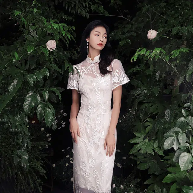 槿爷东方 云锦 新中式刺绣花卉短袖旗袍 女款 白色