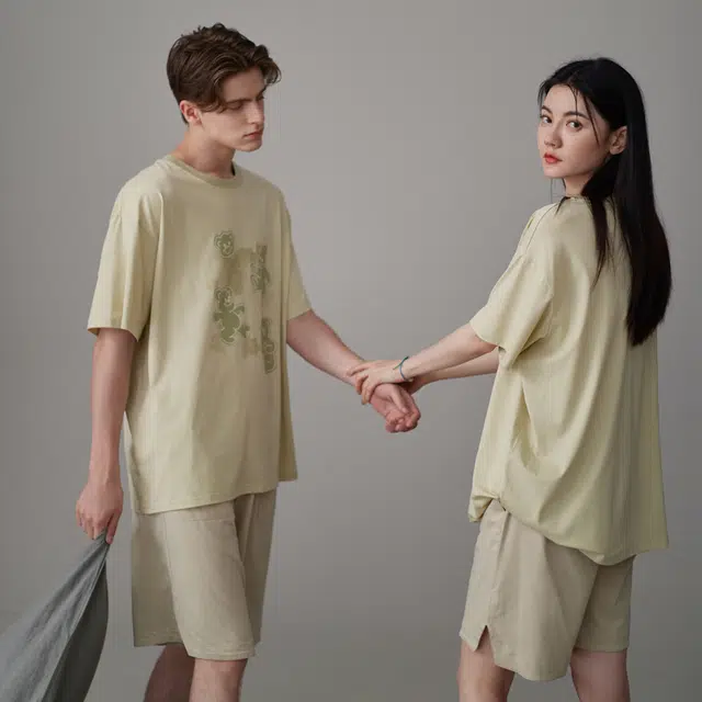 同语 夏季睡衣凉感棉短袖套装可爱可外穿男士宽松夏天家居服 家居套装 男款 柔雾菊白•米杏