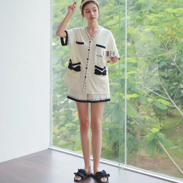 可人儿 凉感棉短袖睡衣柔软开衫休闲透气家居服套装 夏季薄款 女款米杏色