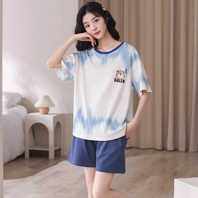 可人儿 纯棉短袖短裤睡衣简约小熊宽松可外穿家居服套装 春夏季 女款 蓝色