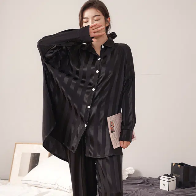 美腾 冰丝条纹长袖韩版宽松长裤两件家居服睡衣套装 春秋季 女款 黑色 礼盒款