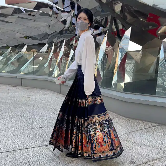织造司 舞法天女 敦煌飞天 中国风改良仿妆花织金马面裙山河映画飞机袖明制纯色印花汉服两件套 女款 蓝色