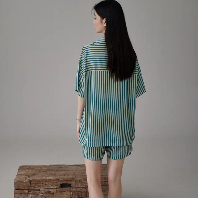 同语 睡衣夏季冰丝短袖条纹套装高级感可外穿女士家居服夏天 家居套装 女款 竖条吐绶蓝