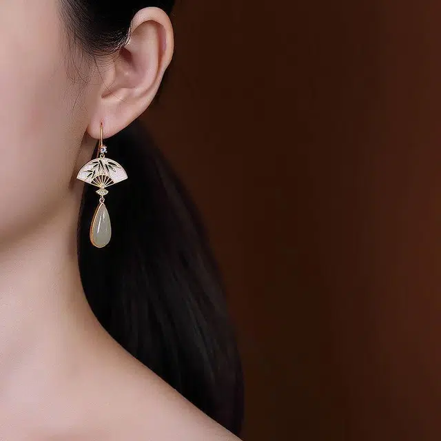 希遇 中国风团扇形绘画镶嵌耳坠复古耳环女款古法小众设计珐琅彩绘耳饰