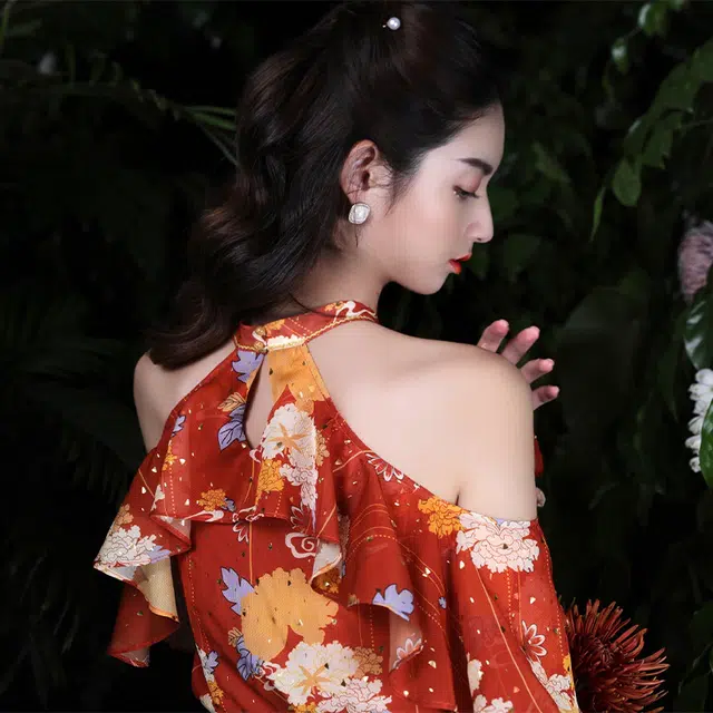 槿爷东方 挂脖露肩长袖衬衫 女款 阳红色