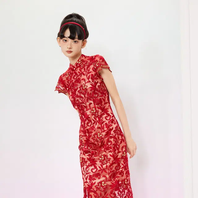 槿爷东方 斜襟刺绣短袖旗袍 女款 红色