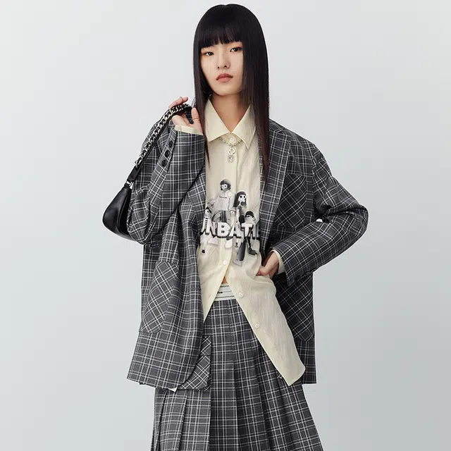太平鸟女装 格纹印花单排扣宽松西装 女款 灰色