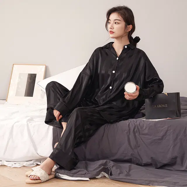 美腾 冰丝条纹长袖韩版宽松长裤两件家居服睡衣套装 春秋季 女款 黑色 礼盒款