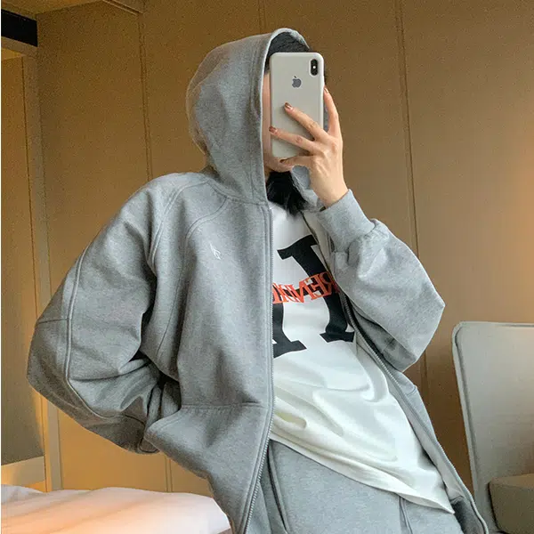 周淼 字母刺绣印花连帽宽松开衫卫衣 女款