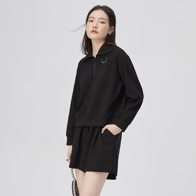 艾莱依 纯色翻领半拉链长袖无帽卫衣外套 女款