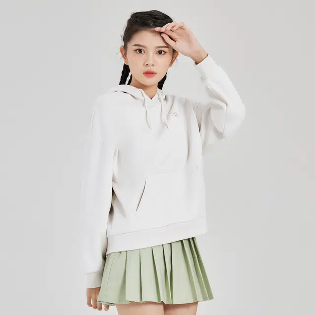 鸿星尔克 嫦娥奔月 字母图案印花加绒加厚连帽卫衣 女款 静谧卡其