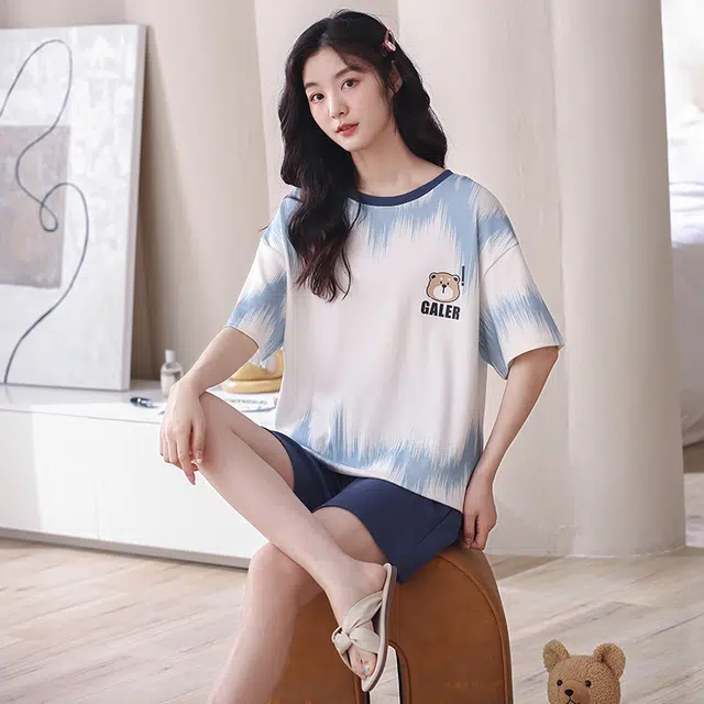 可人儿 纯棉短袖短裤睡衣简约小熊宽松可外穿家居服套装 春夏季 女款 蓝色