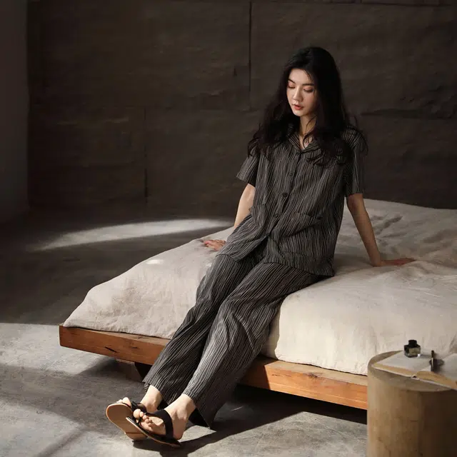 同语 男女同款情侣睡衣 不规则条纹夏季纯棉短袖薄款家居服休闲可外穿套装