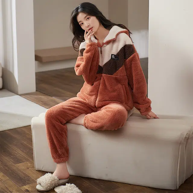 小情歌 珊瑚绒睡衣 冬季 加厚加绒保暖御寒家居服 女款  拼色