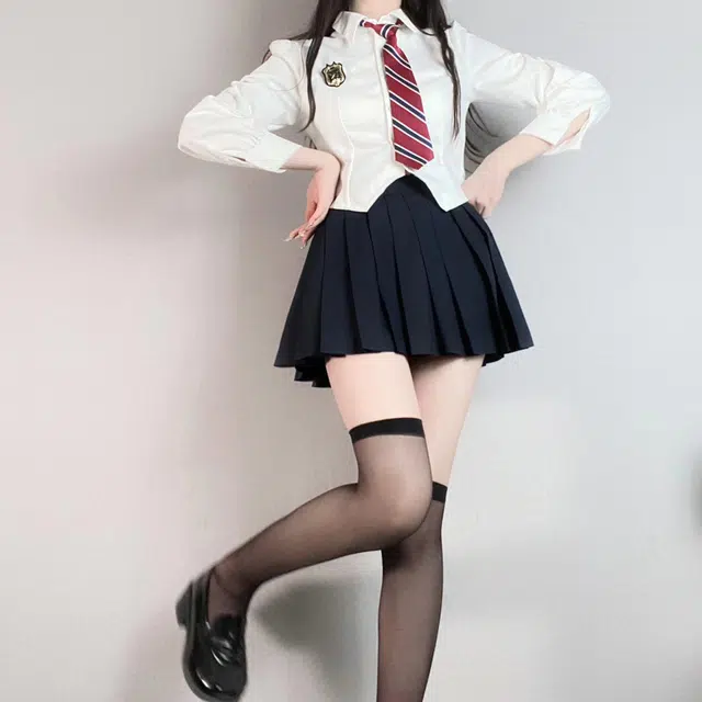 九条喵 翻领长袖衬衫纯色短款半身裙百褶裙制服套装 女款