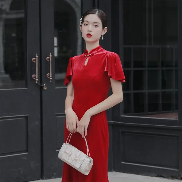 槿爷东方 丝绒水滴洞露背珍珠流苏鱼尾短袖连衣裙 夏季 女款 红色
