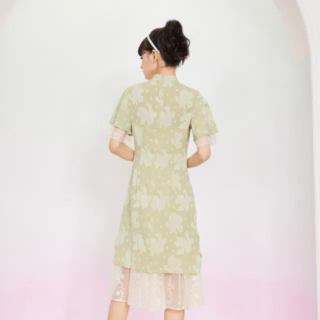 槿爷东方 假两件剪花纹样短袖旗袍 女款 桑绿色