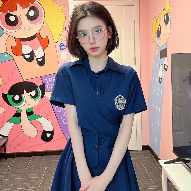 蝴蝶结绑带露腰纯色短袖不规则短袖连衣裙 女款 藏蓝色