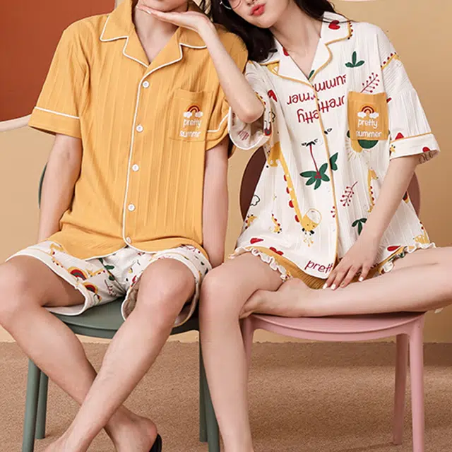 橡柠派 情侣睡衣夏款棉短袖开衫家居服可爱俏皮卡通男女套装薄款 家居套装 情侣款 橙黄色