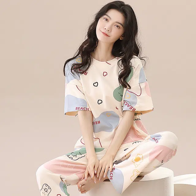 棉基因 纯棉套头圆领短袖长裤家居服套装 女款杏色