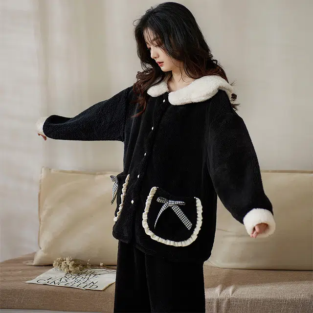 小情歌 珊瑚绒睡衣 秋冬季 加厚加绒保暖家居服 女款 黑色