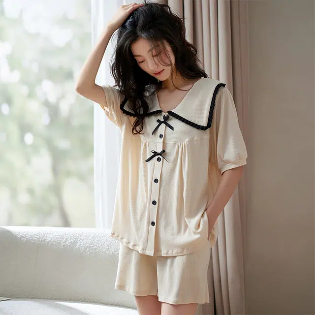 小情歌家居服睡衣 莫代尔棉睡衣女夏季款短袖短裤套装 翻领可爱公主风 女款 奶白色