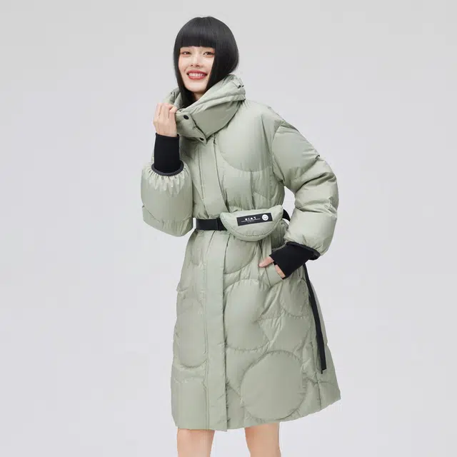艾莱依 纯色可拆卸腰包双门襟长款羽绒服 女款