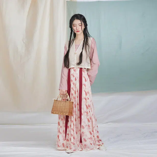 织造司 树莓 唐制蕾丝唐褙子圆领衫齐腰褶裙春夏轻薄透气原创汉服 女款 粉色