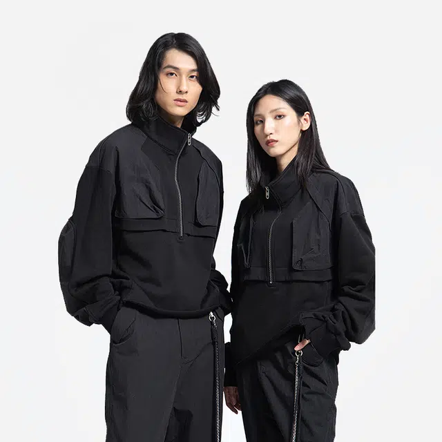 幻象者 拼接立领短款长袖卫衣 男女同款 黑色