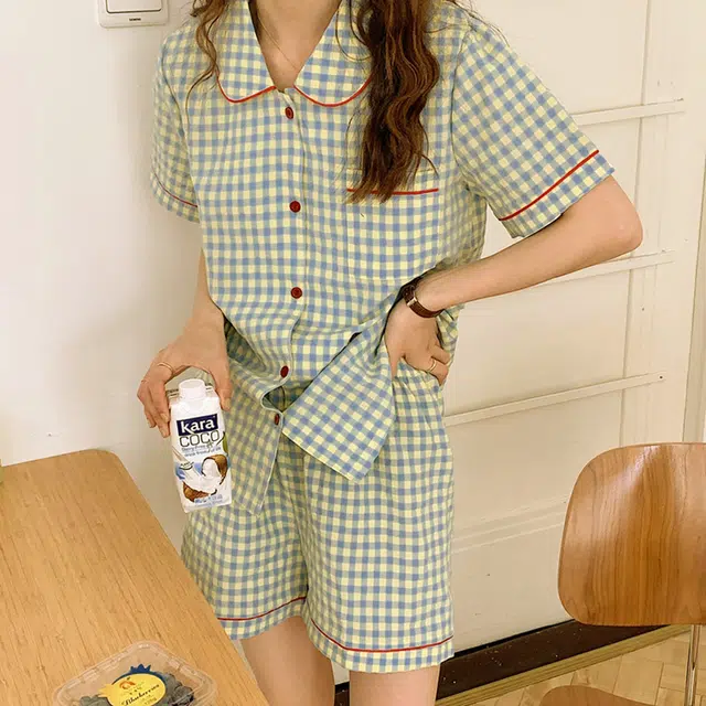 橡柠派 日系格子娃娃领三件套睡衣女夏季薄款短袖开衫可外穿家居服 女款 清新绿 家居套装