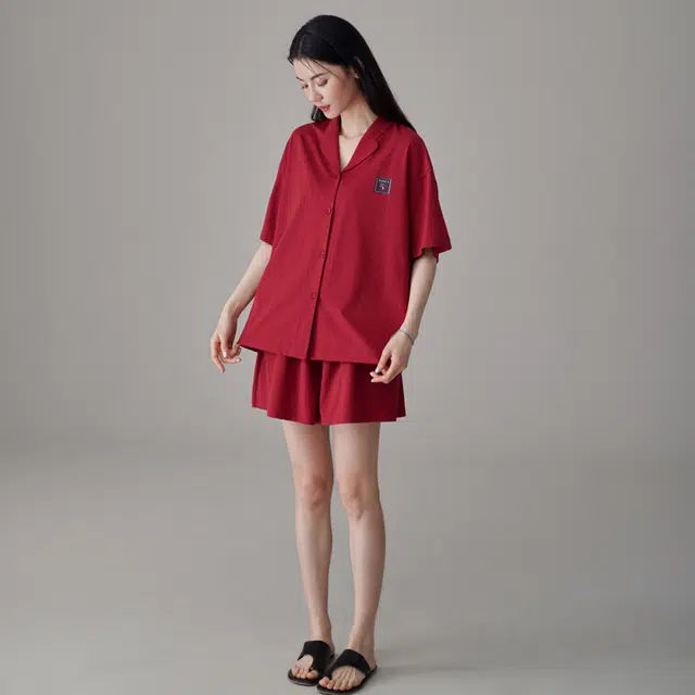 同语 睡衣夏季凉感纯棉套装红色结婚喜庆女士家居服夏天 家居套装 女款 殷红