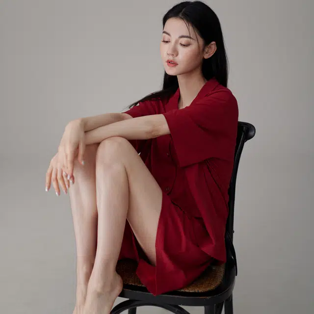 同语 睡衣夏季凉感纯棉套装红色结婚喜庆女士家居服夏天 家居套装 女款 殷红