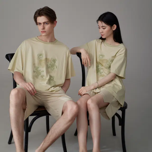 同语 夏季睡衣凉感棉短袖套装可爱可外穿男士宽松夏天家居服 家居套装 男款 柔雾菊白•米杏