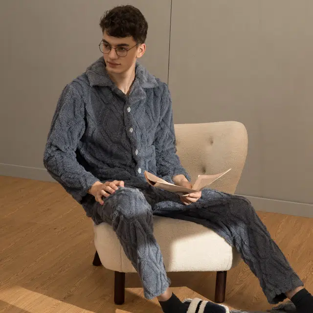 芬腾 睡衣珊瑚绒秋冬季法兰绒加厚长袖可外穿休闲大码家居服套装 男士 灰兰