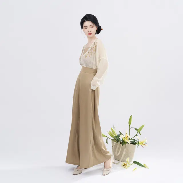 织造司 交领衫改良吊带宋裤宋制汉服三件套汉服 女款 杏棕色