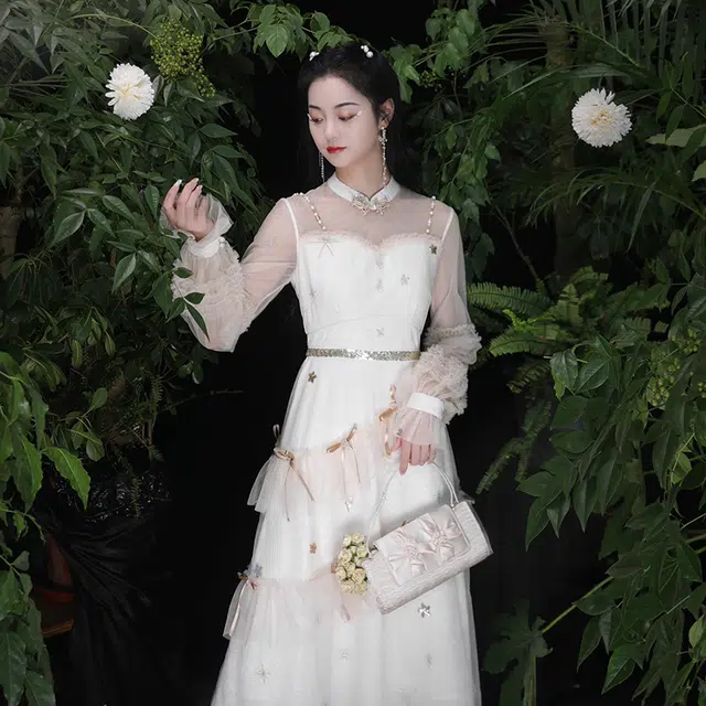 槿爷东方 星星网纱蝴蝶结长袖连衣裙 女款 米色