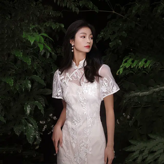 槿爷东方 云锦 新中式刺绣花卉短袖旗袍 女款 白色