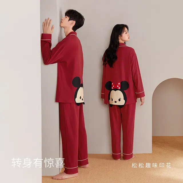 静韵 超柔软 睡衣迪士尼情侣红色家居服女春秋本命年结婚套装男 永结同心女士套装