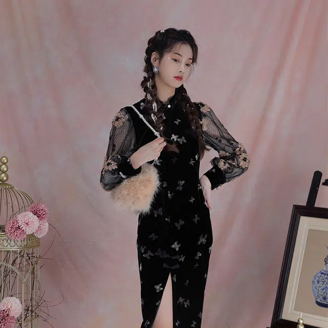槿爷东方 远山黛网纱袖高开衩丝绒复古旗袍 女款 黑色