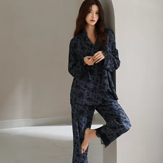 美腾 纯棉春秋款蕾丝袖口长袖碎花睡衣长裤宽松家居服套装 女款 蓝紫色 礼盒款
