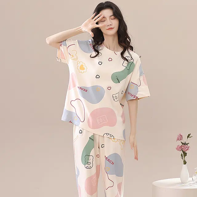 棉基因 纯棉套头圆领短袖长裤家居服套装 女款杏色