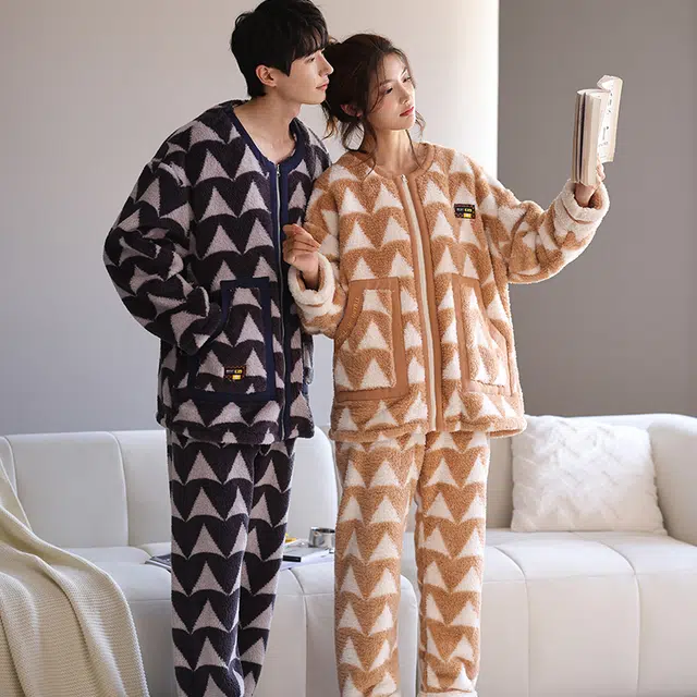 可人儿 珊瑚绒睡衣 家居服套装 秋冬季 保暖加绒加厚 甜美开衫 女款 棕色 礼物