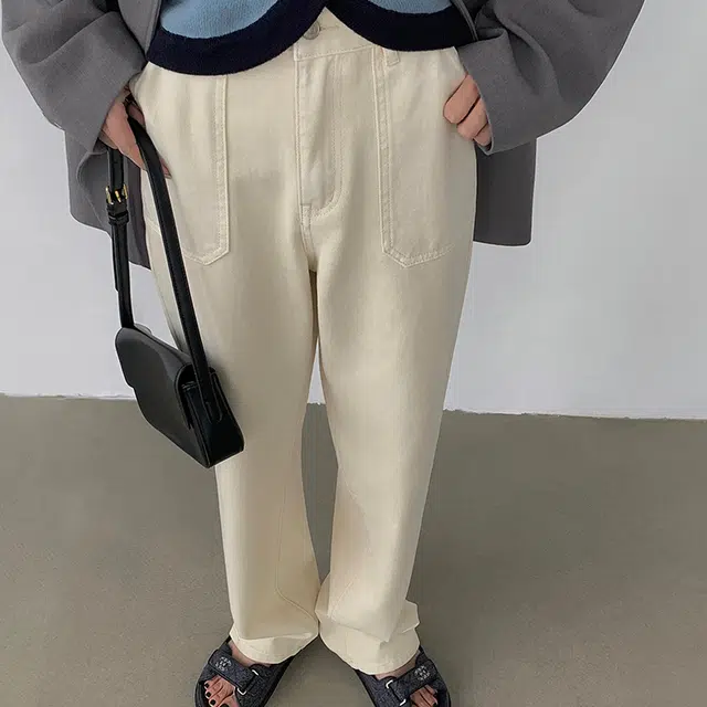 周淼 纯色阔腿宽松高腰直筒牛仔裤 女款 白色